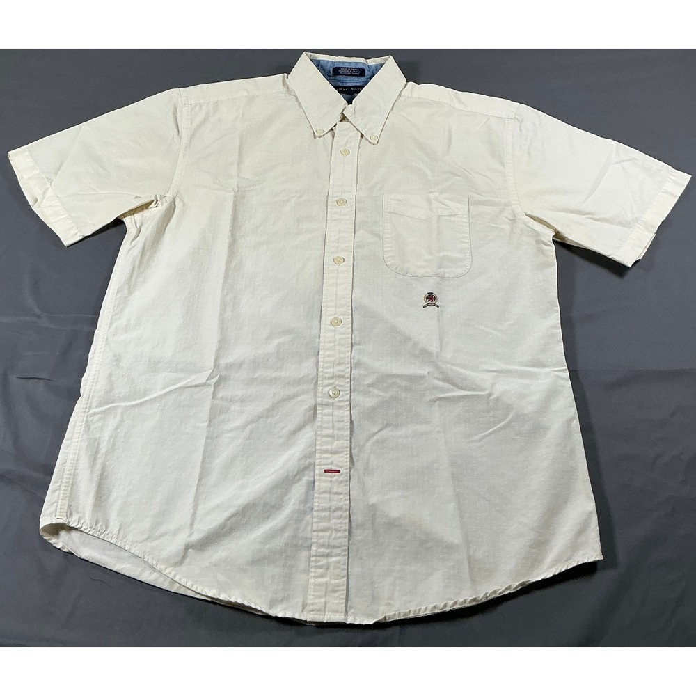 Tommy Hilfiger Mens Short‎ Sleeve Button Down Shirt Cream Ripstop Crest  M VTG
